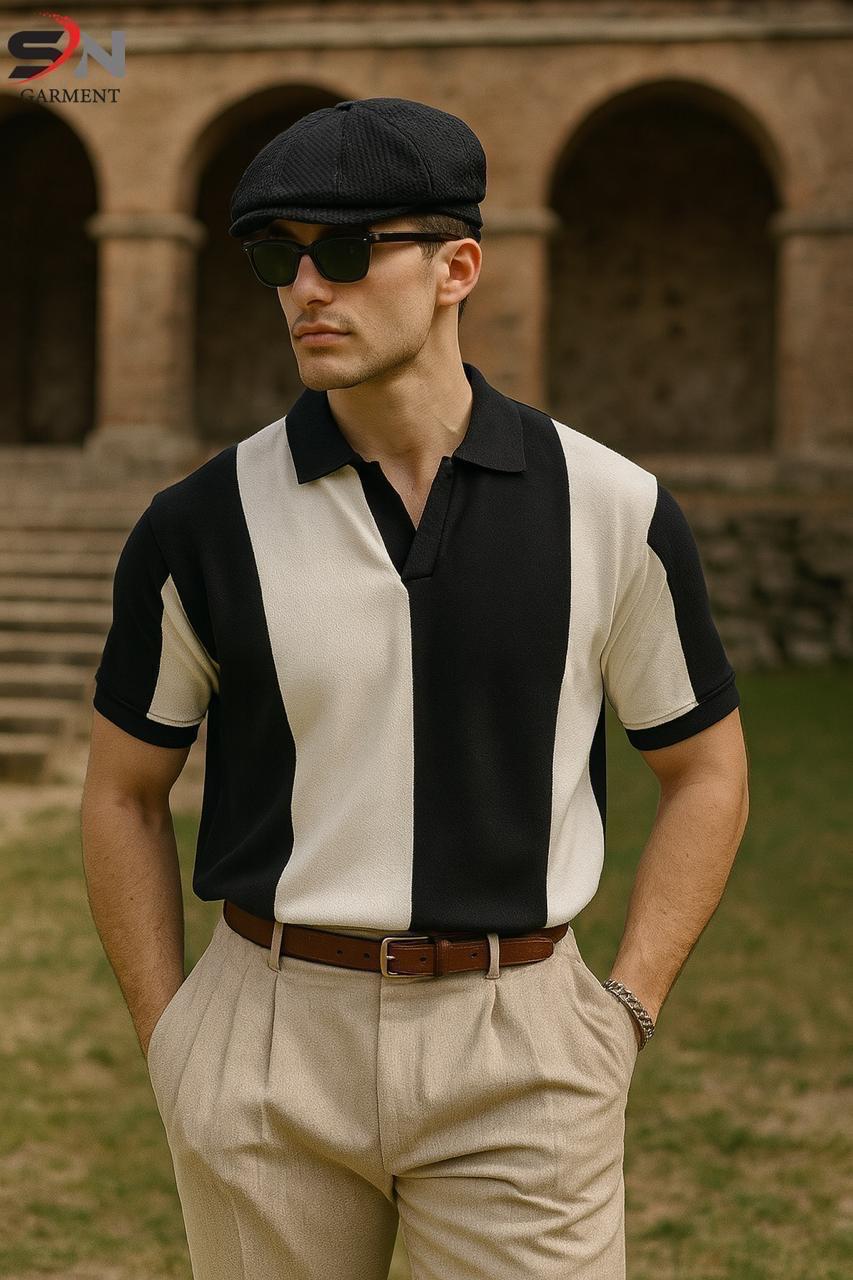 Black White Panel Polo T-Shirt For Mens & Boys