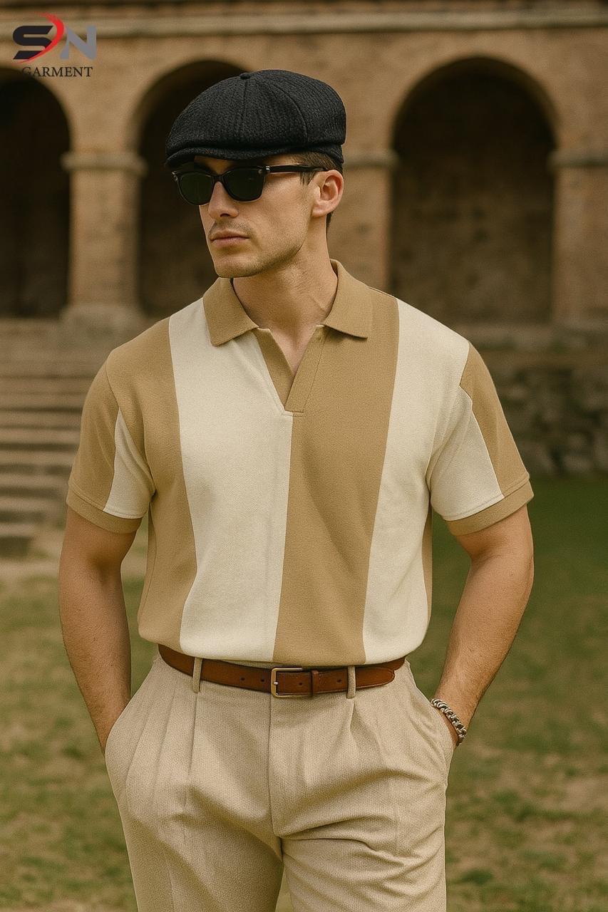 Beige White Panel Polo T-Shirt For Mens & Boys