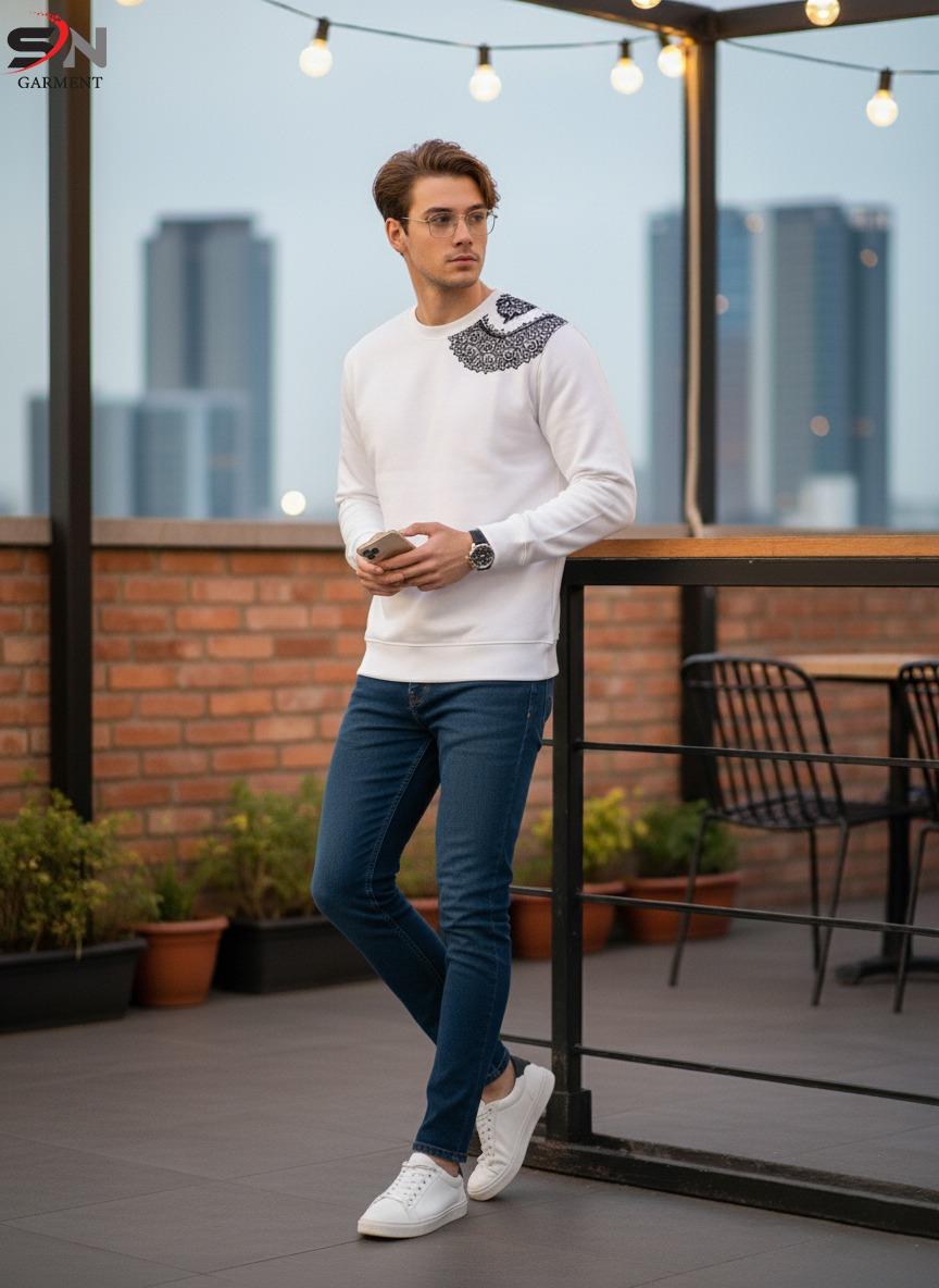 Front Back Sleeve Embossed Printed Sweatshirt